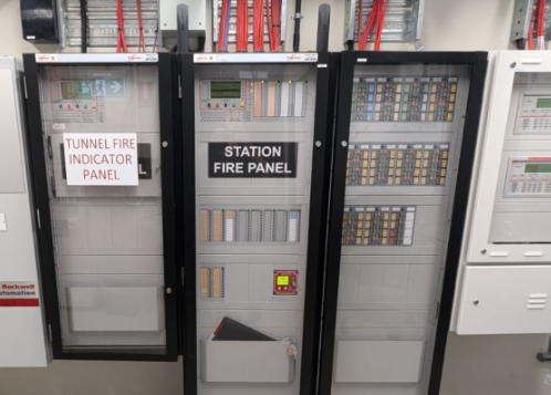 Fire indicator panels in a healthcare facility plant room serviced by Safe QLD technicians